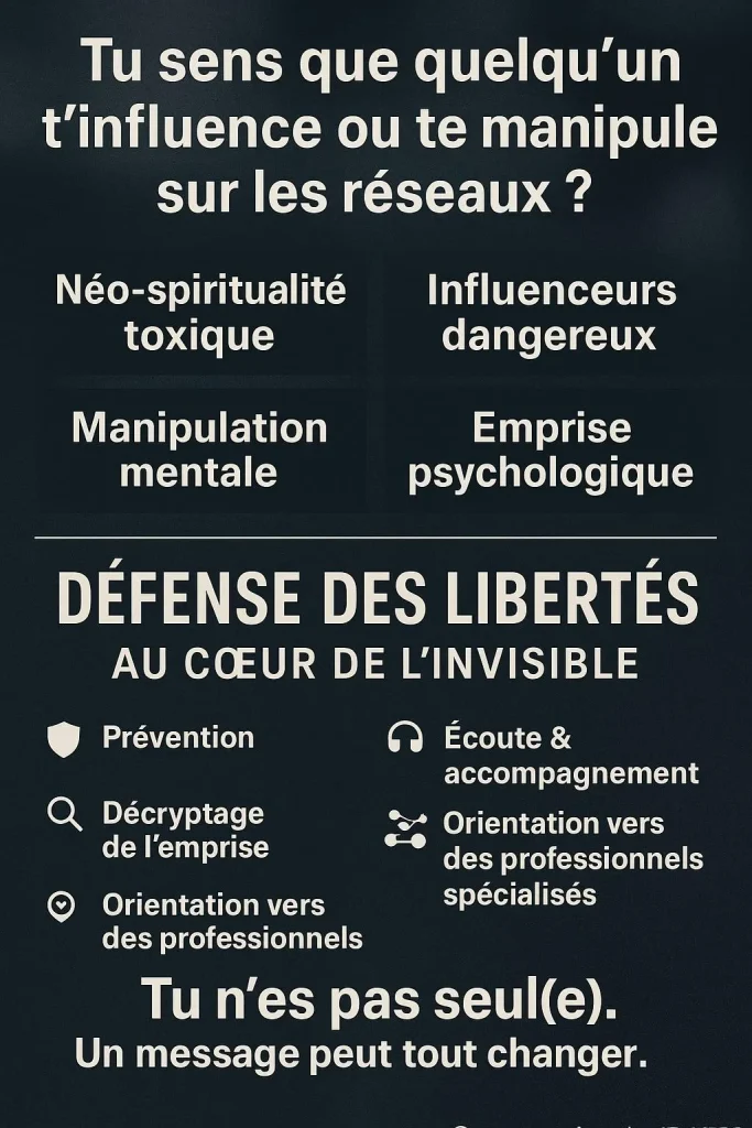 Tu sens que quelqu’un t’influence ou te manipule sur les réseaux ? DLCI : prévention, décryptage de l’emprise, écoute et orientation. Tu n’es pas seul(e). Un message peut tout changer.